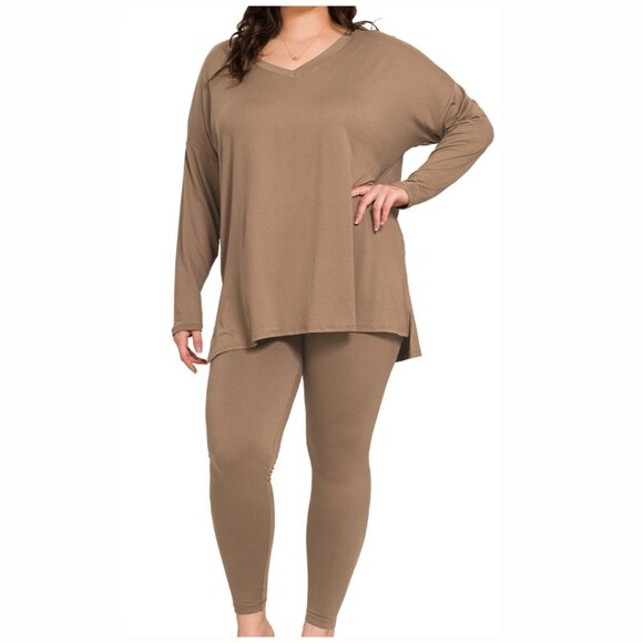 V‑Neck Long‑Sleeve Loungewear Leggings Set – Buttery Soft Brushed DTY Microfiber - Picture 7 of 7